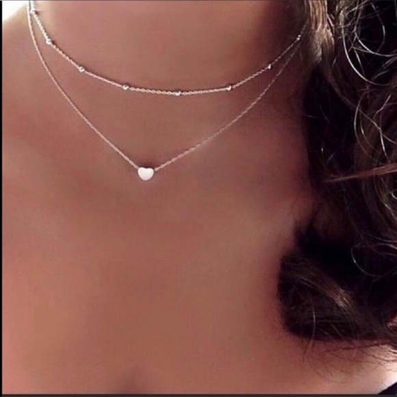 mam262 Jewelry - Double Layered Silver Heart Choker Necklace